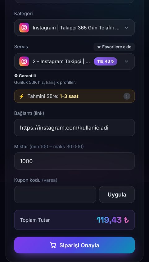 Linki ve miktarı yaz, onayla ekran görüntüsü